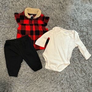 Carter’s Baby Girl 3-piece set red/black plaid vest,onesie & pants size 3 months